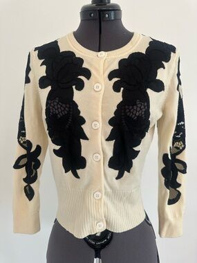 Diane Von Furstenberg Cream Cardigan with Black Floral Appliqué